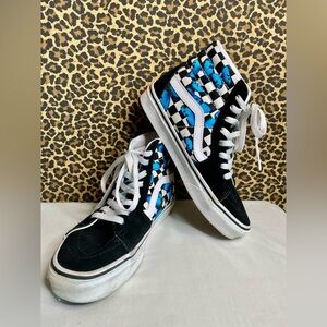 🦋B2G1🦋VANS SK-8 High Suede Canvas Blue Butterflies Black/White Checkered Sneaker